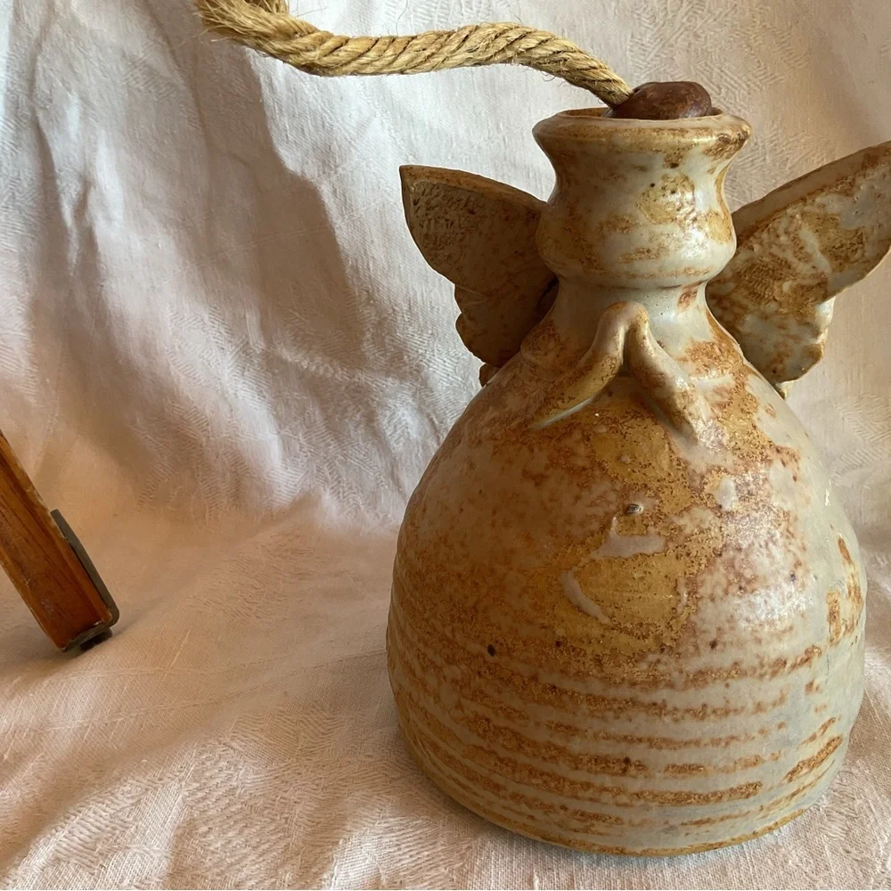 pottery angel oil lamp W/Original wick glazed in earthy brown tones Signed